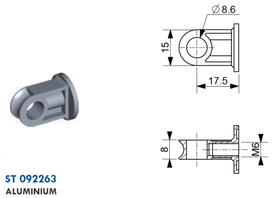 Ochi cu filet M6, Ø 8,6 mm, L=17,5 mm, grosime 8 mm, aluminiu