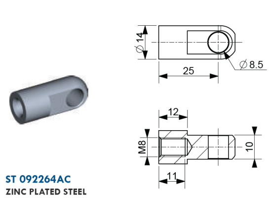 Ochi cu filet M8, Ø 8,5 mm, L=25 mm, grosime 10 mm, otel zincat