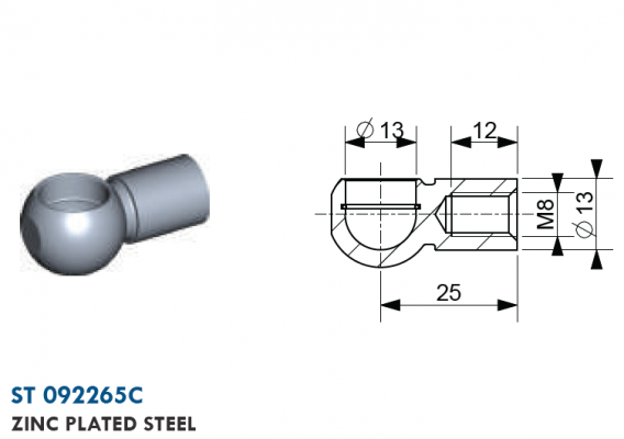 Mufa cu bila filet M8, bila 13 mm, L=25 mm, otel zincat