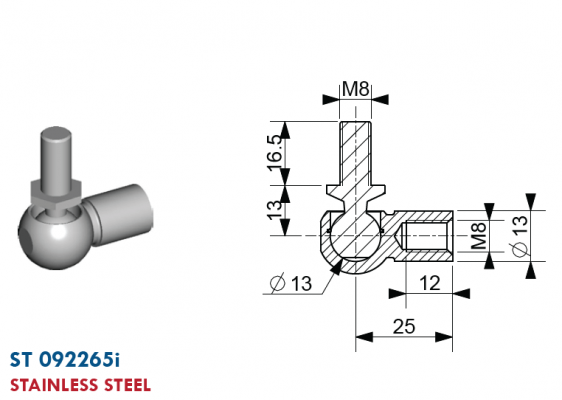Articulatie cu bila filet mufa M8,  capat bila M8 ext., bila 13 mm, inox
