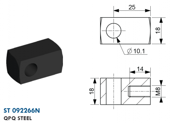 Ochi cu filet M8, Ø 10,1 mm, L=25 mm, grosime 18 mm, otel QPQ