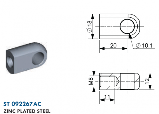 Ochi cu filet M8, Ø 10,1 mm, L=20 mm, grosime 12 mm, otel zincat