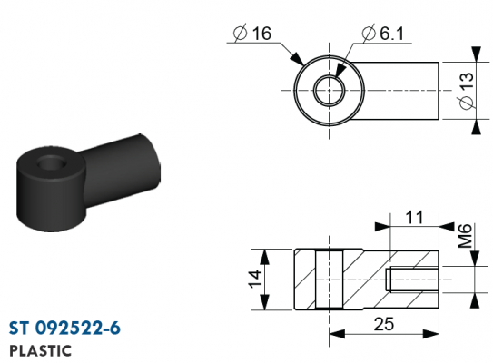 Ochi cu filet M6, Ø 6,1 mm, L=25 mm, grosime 14 mm, plastic