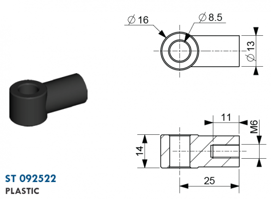 Ochi cu filet M6, Ø 8,5 mm, L=25 mm, grosime 14 mm, plastic
