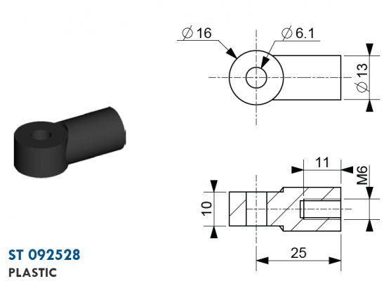 Ochi cu filet M6, Ø 6,1 mm, L=25 mm, grosime 10 mm, plastic
