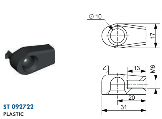 Mufa cu bila filet M6, bila 10 mm, L=20 mm, plastic