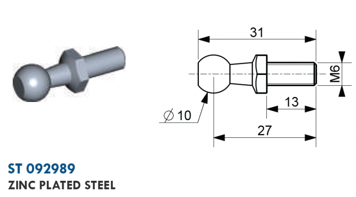 Bila cu filet exterior M6, bila 10 mm, L = 31 mm, otel zincat