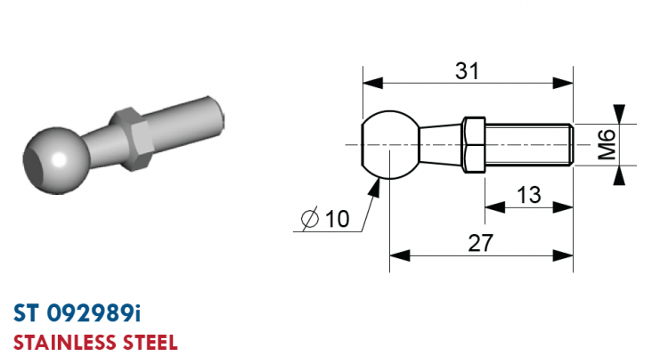 Bila cu filet exterior M6, bila 10 mm, L = 31 mm, inox