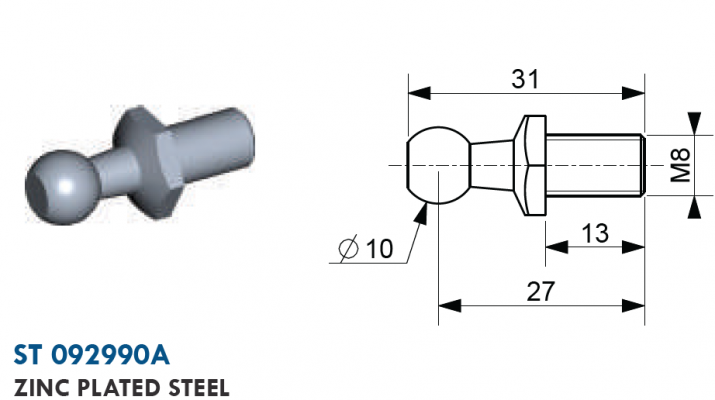 Bila cu filet exterior M8, bila 10 mm, L = 31 mm, otel zincat