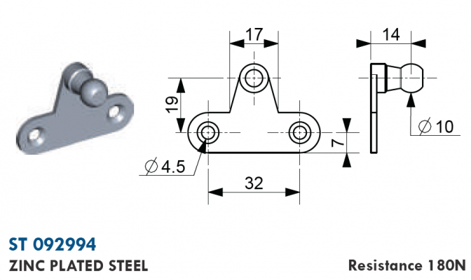 Suport plat cu bila 10 mm, gauri prindere 4,5 mm, L = 32 mm, otel zincat
