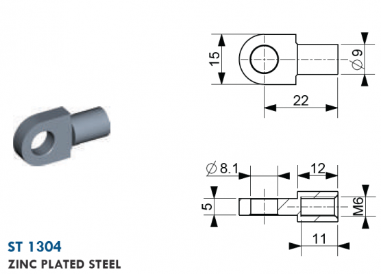 Ochi cu filet M6, Ø 8,1 mm, L=22 mm, grosime 5 mm, otel zincat