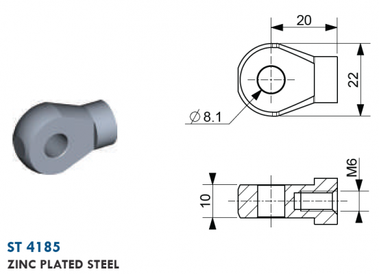 Ochi cu filet M6, Ø 8,1 mm, L=20 mm, grosime 10 mm, otel zincat