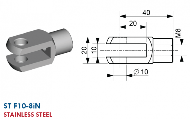 Furca cu filet interior M8, gaura 10 mm, L = 40 mm, inox