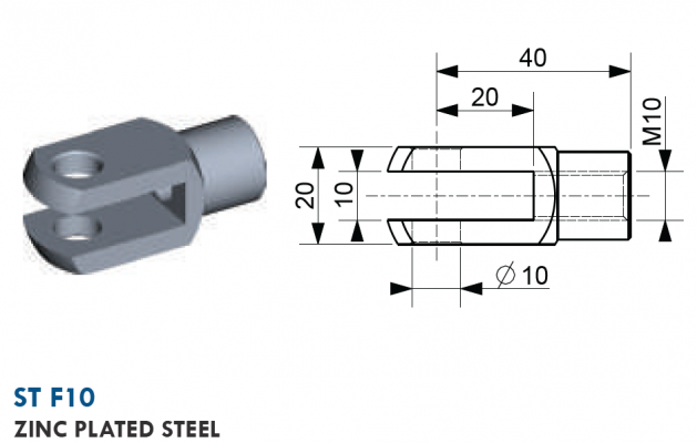 Furca cu filet interior M10, gaura 10 mm, L = 40 mm, otel zincat