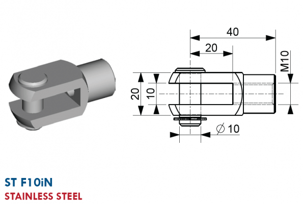 Furca cu filet interior M10, gaura 10 mm, L = 40 mm, inox