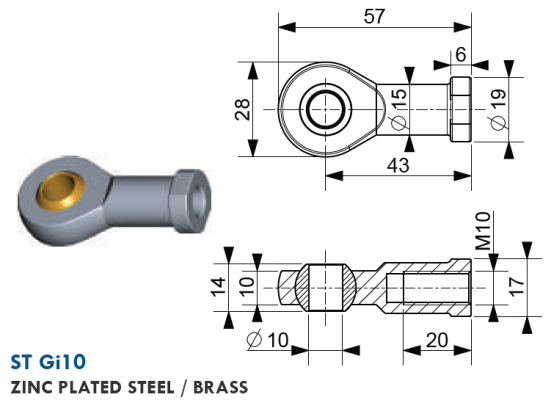 Atasament tip nuca cu filet interior M10, gaura 10 mm, L = 43 mm, otel zincat / alama