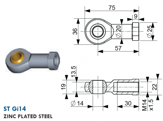 Atasament tip nuca cu filet interior M14, gaura 14 mm, L = 57 mm, otel zincat / alama
