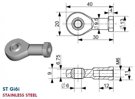 Atasament tip nuca cu filet interior M6, gaura 6 mm, L = 30 mm, inox