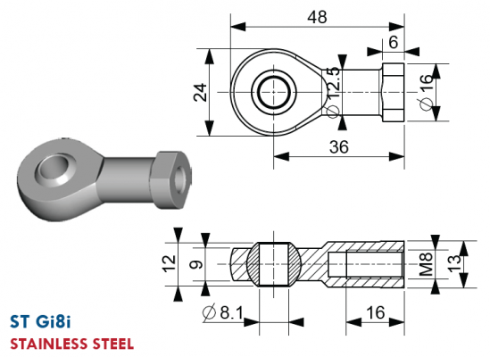 Atasament tip nuca cu filet interior M8, gaura 8 mm, L = 36 mm, inox