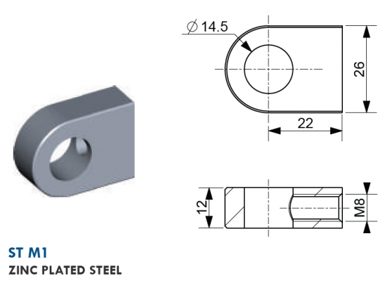 Ochi cu filet M8, Ø 14,5 mm, L=22 mm, grosime 12 mm, otel zincat