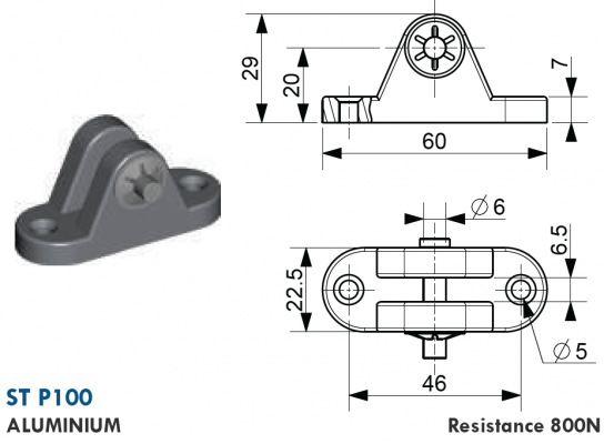 Suport tip U cu axa 6 mm, gauri prindere 5 mm, L = 60 mm, aluminiu