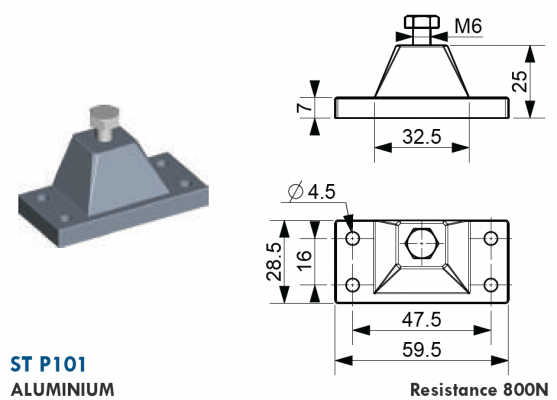 Suport tip piramida cu axa 6 mm, aluminiu